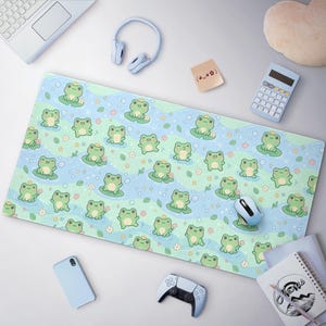 Cute Chibi Frogs Mousepad, Kawaii Frogs Desk Mat, Large Extended Gaming Mat With Premium Stitched Edges, Pastel Blue & Green Anime Desk Mat