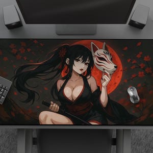 Katana Girl With Kitsune Mask Mousepad, Anime Waifu Under Red Moon Desk Mat, Cool Samurai With Fox Mask Art, Large Extended Gaming Mat