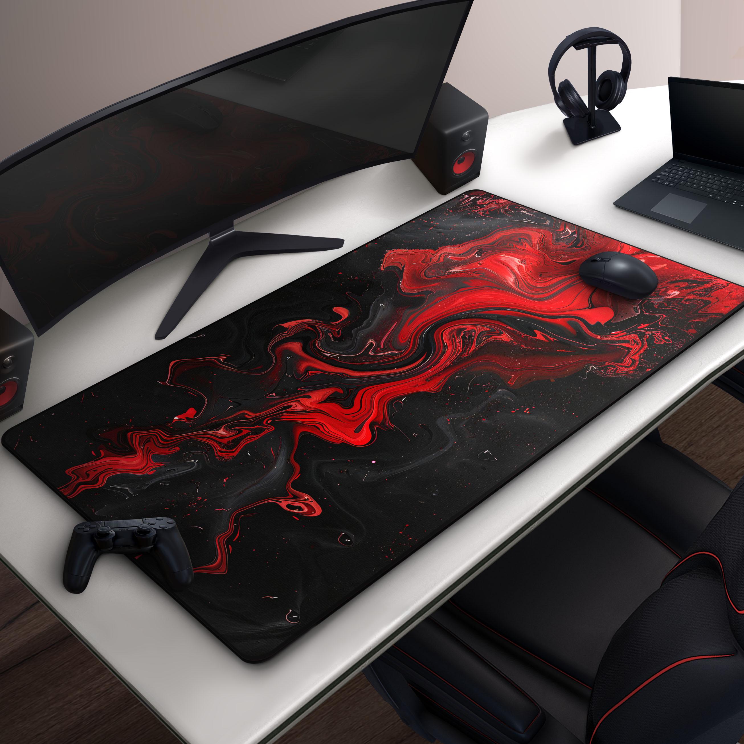 Cool Black and Red Mousepad, Abstract Lava Flow Desk Mat, Large
