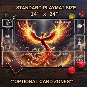 Cool Phoenix TCG Playmat, Fantasy MTG Mat With Card Zones, Mythological Bird Of Fire Art, Gift For Tabletop Gamer, Large Extended Playmat