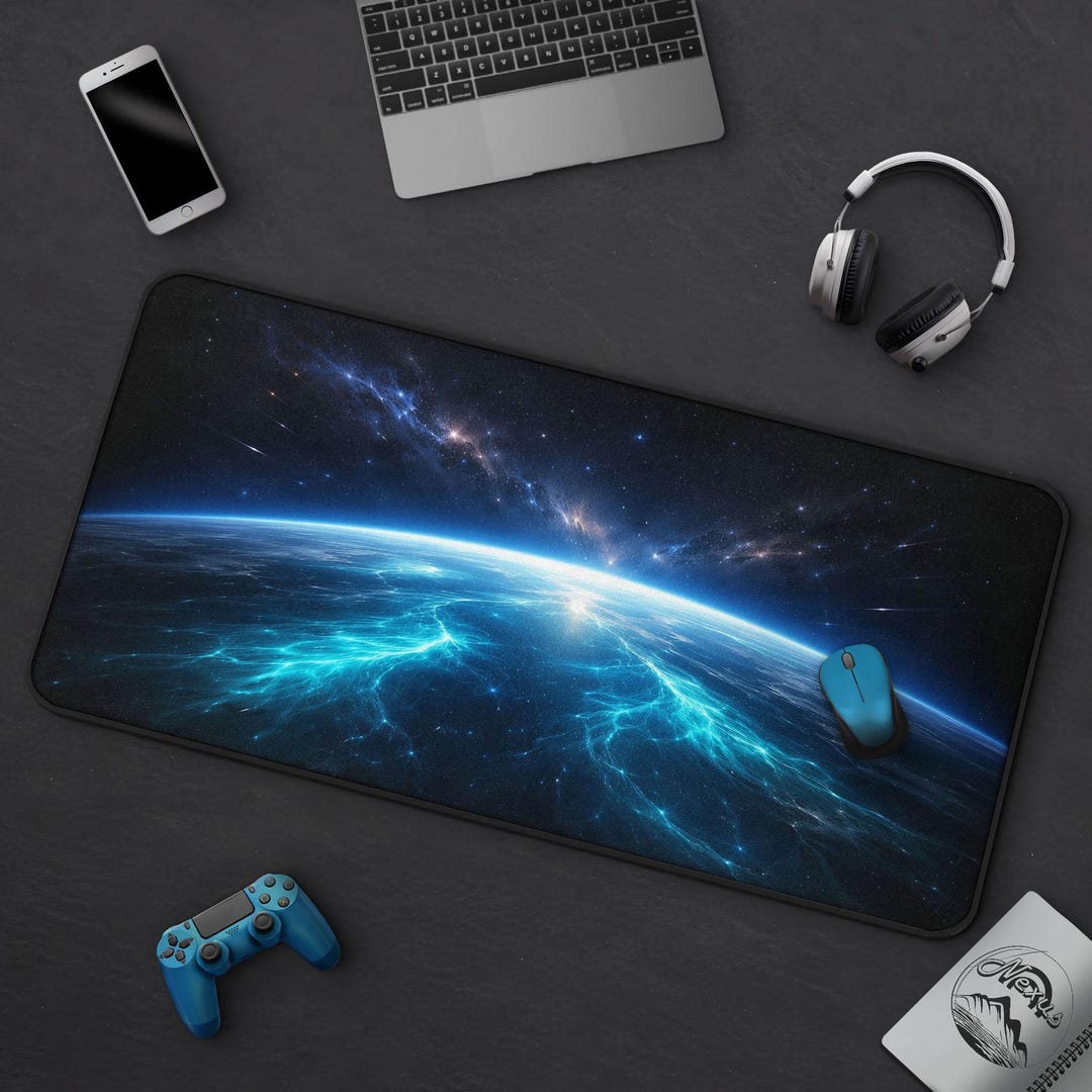 Ocean Planet Desk Mat, Blue Cosmic Space Mousepad Galaxy Themed Gaming ...