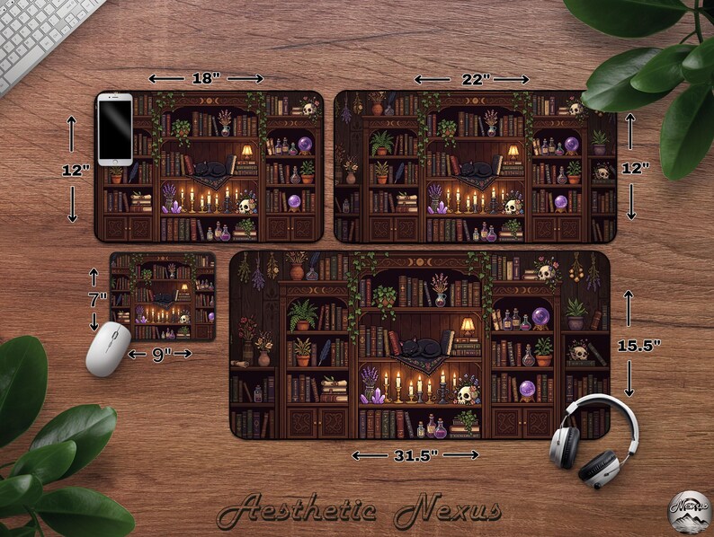 Pixel Art Bookshelf & Cat Desk Mat, Cute Books and Plants Mousepad ...
