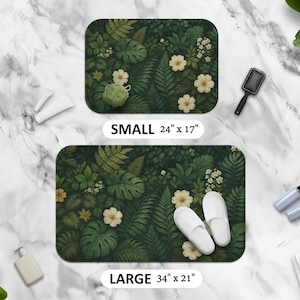 Tropical Botanical Bath Mat, Leafy Nature Bathroom Rug, Floral Anti-Slip Memory Foam Mat, Soft Luxury Bathmat, Plant Lover Gift, Green Decor