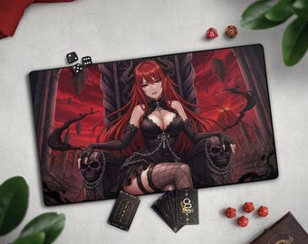 May include: A rectangular playmat featuring a red-haired woman in a black dress seated on a throne, with a red and black background. The mat includes dice, cards, and the text "**OPTIONAL CARD ZONES**".
