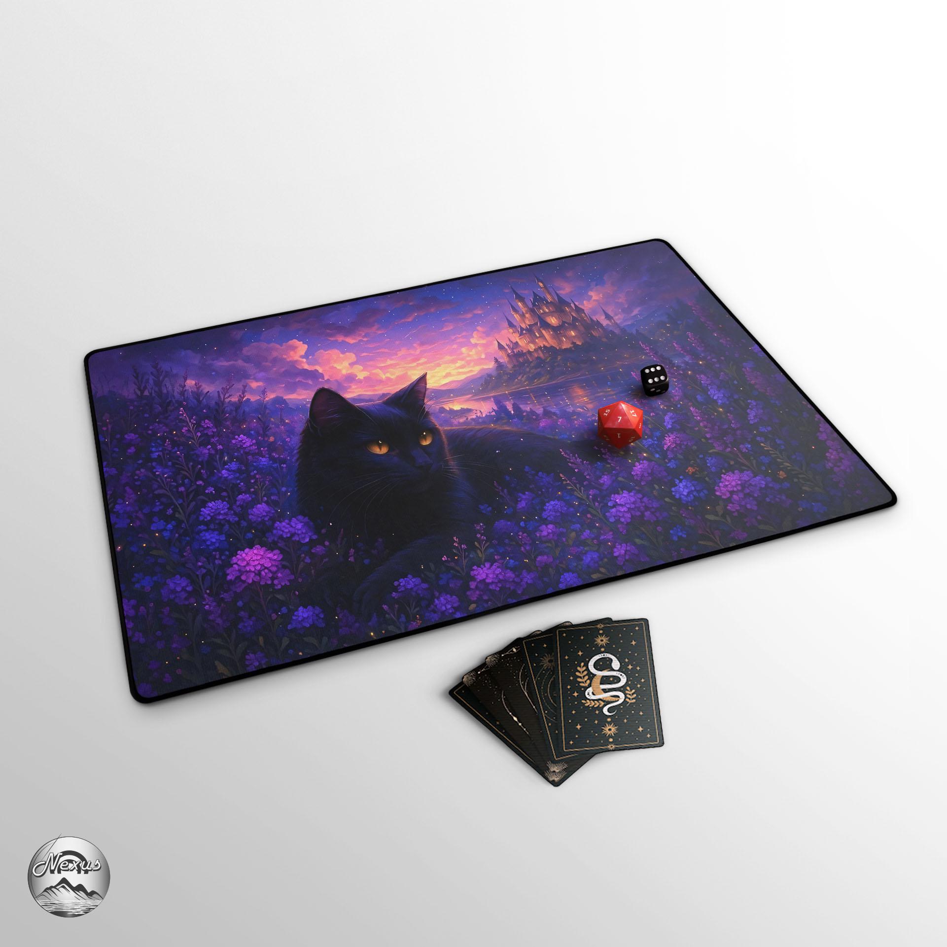 TCG Playmat: Black Cat & Fantasy Castle, Purple Floral Cat Play