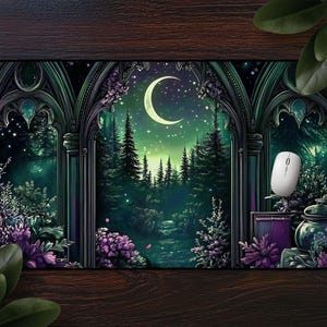 Lunar Arch - Witchy Moonlit Night Mousepad, Floral Gothic Forest Desk Mat, Large Gaming Mat, Dark Fantasy Office Decor, Mystic Woodland Art