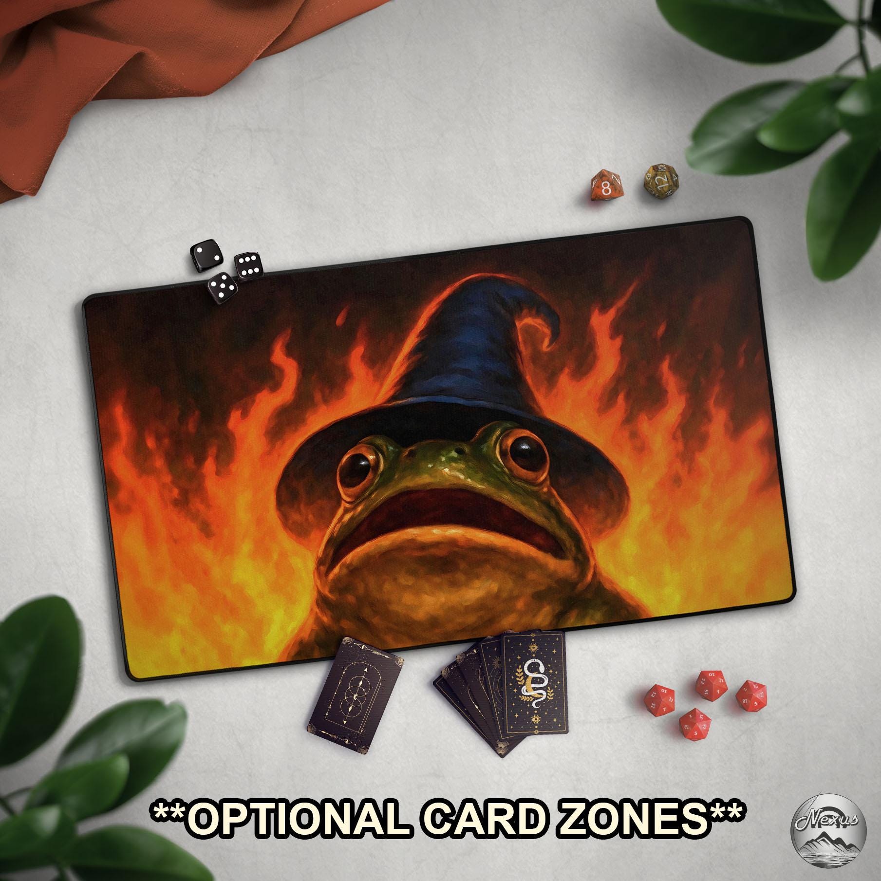 Funny TCG Playmat: Wizard Frog & Fire, Silly Witchy Frog Mat With