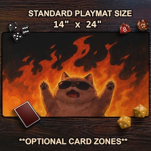 Funny Cat With Chaos & Fire Playmat, Meme Cat With Flames TCG Mat With Card Zones For MTG, Funny Animal Art For Cat Lovers, Gag Gift