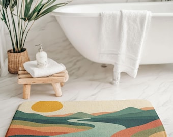 Abstract Boho Bathmat, Retro Nature Bathroom Rug, Plush Anti-Slip Mat, Mid Century Modern Art, Minimalist Landscape, Gift For Him or Her