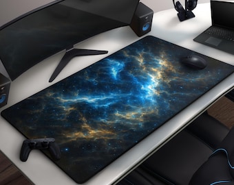 Blue Nebula Gaming Desk Mat, Cosmic Galaxy Mousepad, Large Gaming Mat, Deep Space Art for Sci-Fi and Astronomy Lovers, Celestial Stormclouds