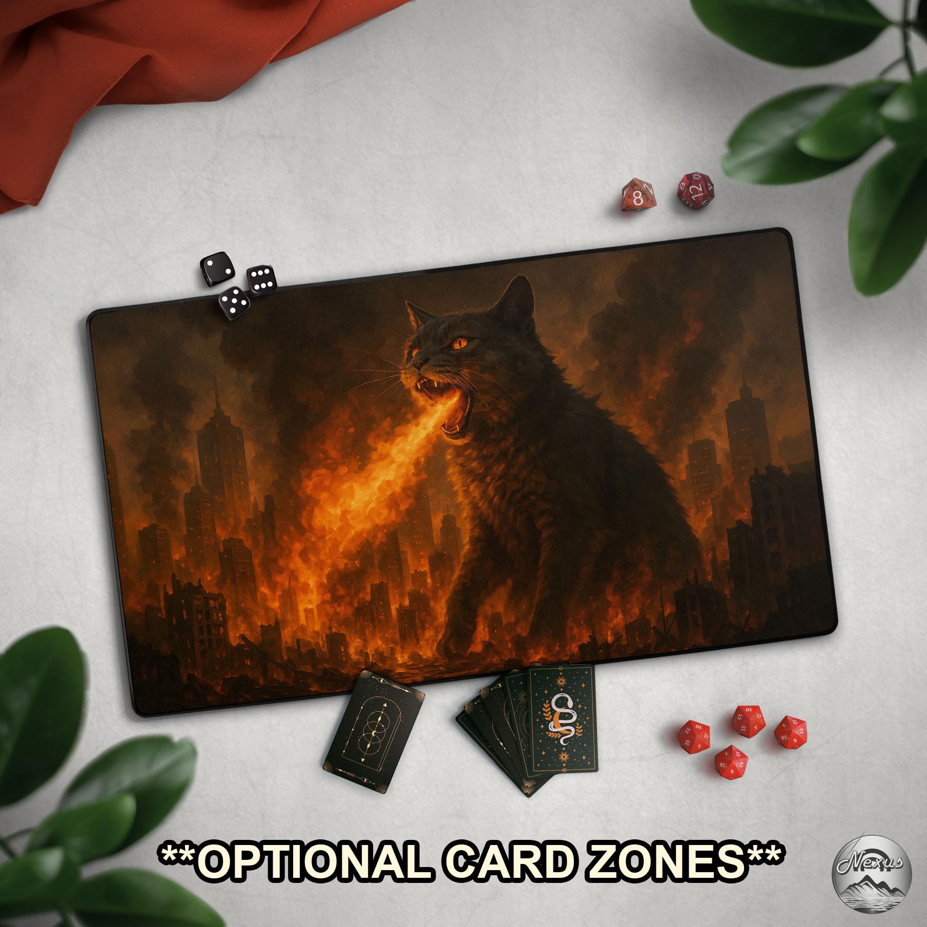 Hungry Fire Breathing Cat TCG Playmat With EDH Zones, Funny Animal