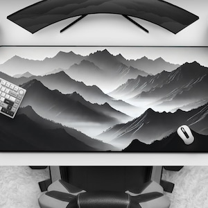 Tranquil Peaks - Misty Mountains Desk Mat, Cool Monochrome Landscape Mousepad, Large Gaming Mat, Minimalist Office Decor, Black & White Art