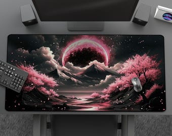 Gaming Desk Mat: Sakura Moon - Celestial Cherry Blossom Mousepad, Cool Japanese Fantasy Landscape, Large Anime Mat, Aesthetic Office Decor