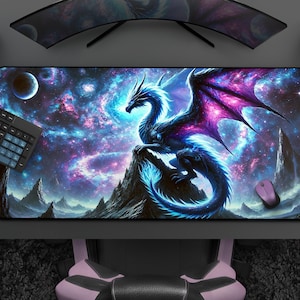 Cosmic Dragon Desk Mat, Celestial Dragon Mousepad, Large Gaming Mouse Mat, Dark Fantasy Office Decor, Blue & Purple Aesthetic