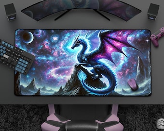 Desk Mat: The Cosmic Dragon&#39;s Ire, Cool Celestial Dragon Mousepad, Large Anime Mat For Gaming, Dark Fantasy Office Decor, Vibrant Dragon Art