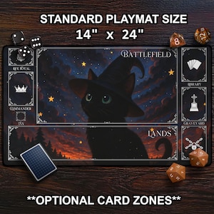 Kawaii Celestial Cat Playmat, Witchy Black Cat TCG Mat With Stars & Clouds, MTG Mat With Card Zones, Cute Gift For New Player, Fantasy Art