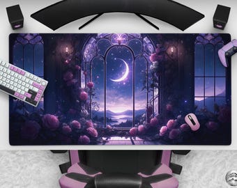 Purple Floral Mousepad, Witchy Gothic Victorian Desk Mat,  Large Fantasy Mouse Pad, Purple Roses, Cute Office Desk Accessories