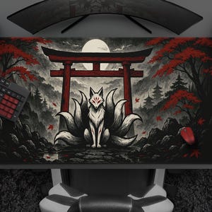 White Fox Spirit Gaming Mousepad, Cool Japanese Kitsune Desk Mat, Large Red & Black Mat For Anime Lover,  Fantasy Scene With Moon + Torii