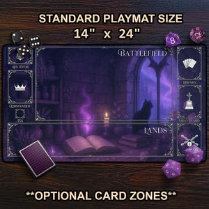 Witchy Workshop & Black Cat TCG Playmat, Purple Dark Academia Fantasy Mat With Optional Card Zones For MTG, Bookish Floral Magic Apothecary