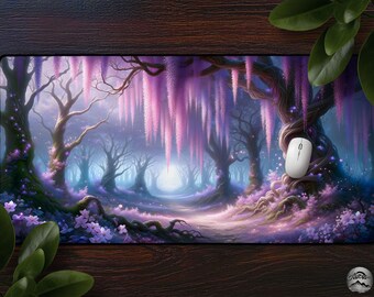 Mystic Wisteria Forest Mousepad, Floral Fantasy Desk Mat, Purple Aesthetic Landscape, Gaming Decor, Large Mouse Pad, Office Desk Accessories