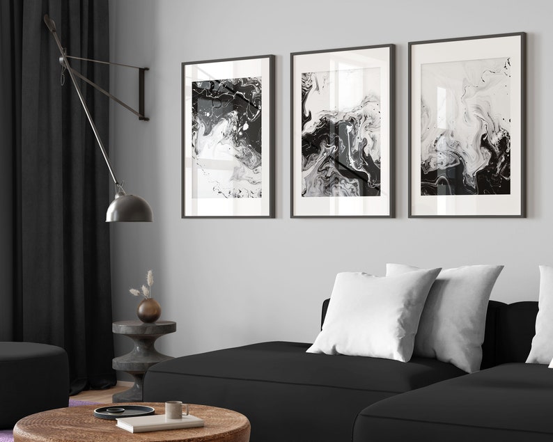 Set of 3 Abstract Black & White Prints, Cool Fluid Art, Modern