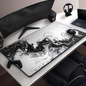 Cool Black & White Abstract Marble Mousepad, Modern Monochrome Ink Wave Desk Mat, Minimalist Design, Large Gaming Mat, Office Accessories