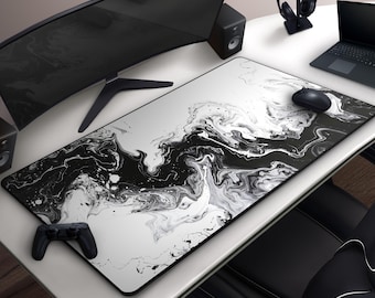 Cool Black & White Abstract Marble Mousepad, Modern Monochrome Ink Wave Desk Mat, Minimalist Design, Large Gaming Mat, Office Accessories