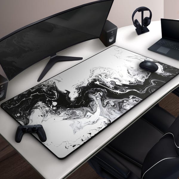 Cool Black & White Abstract Marble Mousepad, Modern Monochrome Ink Wave Desk Mat, Minimalist Design, Large Gaming Mat, Office Accessories