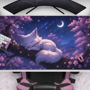 Kawaii White Fox Anime Mousepad With Cherry Blossoms, Cute Sakura Kitsune Desk Mat With Night Sky And Moon, Japanese Art For Fox Lovers