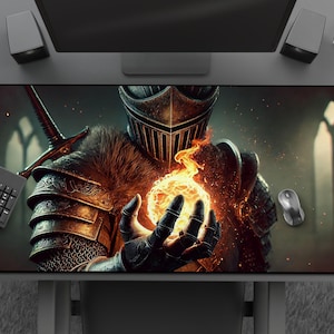 Creation Of Fire - Cool Pyro Knight Mousepad, Pyromancy Warrior Desk Mat, Dark Fantasy Aesthetic, Large Gaming Mat, Medieval Office Decor