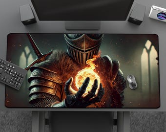 Creation Of Fire - Cool Pyro Knight Mousepad, Pyromancy Warrior Desk Mat, Dark Fantasy Aesthetic, Large Gaming Mat, Medieval Office Decor