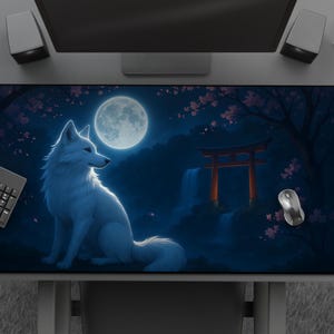Japanese Fox Gaming Mousepad, Kitsune Under Full Moon Anime Desk Mat With Cherry Blossoms And Torii Gate, Cute Fox Lover Gift For Gamer