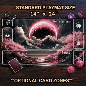 Celestial Cherry Blossom Playmat, Pink & Black  TCG Playmat, Fantasy Nature MTG Mat With Card Zones, Sky Clouds Mountains, Sakura Playmat