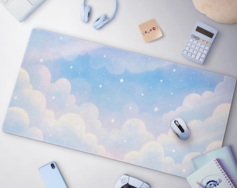 Niedliches Pastellwolken-Mauspad, Kawaii-Schreibtischunterlage mit blau-weißem Sternenhimmel, große Gaming-Matte, minimalistische Bürodekoration, gemütliche und verträumte Ästhetik
