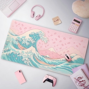 Cute Pastel Teal & Pink Desk Mat, Kawaii Great Wave Sakura Mousepad, Large Gaming Mat, Cherry Blossoms, Anime Mouse Pad, Office Decor