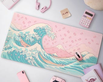 Cute Pastel Teal & Pink Desk Mat, Kawaii Great Wave Sakura Mousepad, Large Gaming Mat, Cherry Blossoms, Anime Mouse Pad, Office Decor