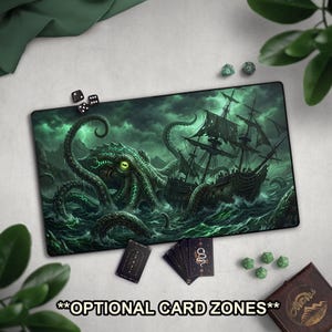 Kraken TCG Playmat, Sea Monster Ship Wreck Mat With EDH Card Zones, Octopus & Stormy Seas, Dark Fantasy, Large Extended Green Game Mat