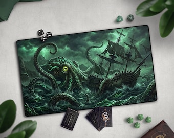 Kraken TCG Playmat, Sea Monster Ship Wreck Mat With EDH Card Zones, Octopus & Stormy Seas, Dark Fantasy, Large Extended Green Game Mat