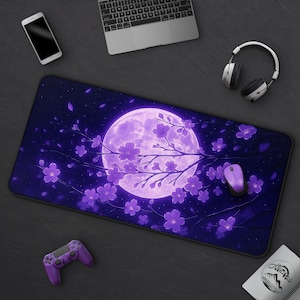 Purple Cherry Blossoms & Full Moon Gaming Desk Mat, Cute Sakura Mousepad, Large Anime Inspired Mat, Kawaii Japanese Floral Art, Gamer Gift