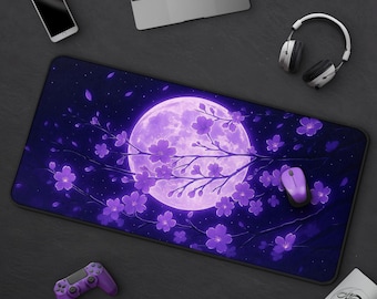 Purple Cherry Blossoms & Full Moon Gaming Desk Mat, Cute Sakura Mousepad, Large Anime Inspired Mat, Kawaii Japanese Floral Art, Gamer Gift