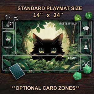 Leafy Black Cat Playmat Cute Kawaii Neko TCG Mat, MTG Mat With Zones, Green Botanical Cat & Nature Art, Large Extended Playmat, Gamer Gift