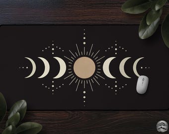Boho Moon Phase Desk Mat, Witchy Celestial Mousepad with Sun and Moon Cycles, Cosmic Office Decor, Minimalist & Gothic, Large Extended Mat