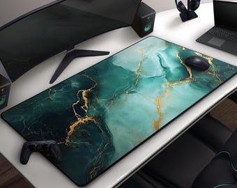 Gilded Jade - Abstract Marble Mousepad, Cool Green & Gold Desk Mat, Modern Teal Design, Large Gaming Mat, Minimalist Office Desk Decor