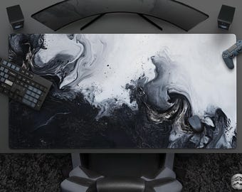 Cool Black & White Mousepad, Abstract Ink Splash Desk Mat, Large Gaming Mat, Modern Office Decor, Minimalist Design, Contemporary Art