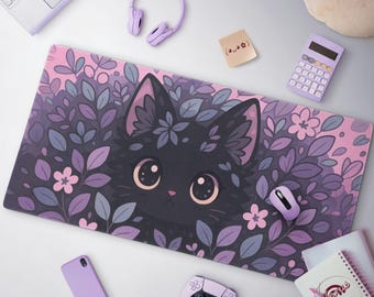 May include: A rectangular mousepad featuring a black cat face surrounded by purple and lavender leaves and flowers. The mousepad is on a white surface, along with a purple mouse, headphones, and other accessories.