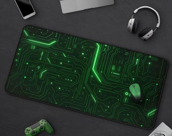 Futuristic Circuit Board Gaming Mouse Pad, Black & Green Tech-Inspired Desk Mat, Large Cyberpunk Grid Design, Cool Gamer Gift For Him