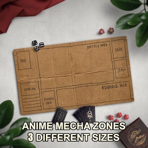 May include: A brown cardboard game mat with labeled zones for a card game, including "Base," "Shields," and "Resource Area." Dice and playing cards are arranged around the mat. Text at the bottom reads "Anime Mecha Zones 3 Different Sizes."