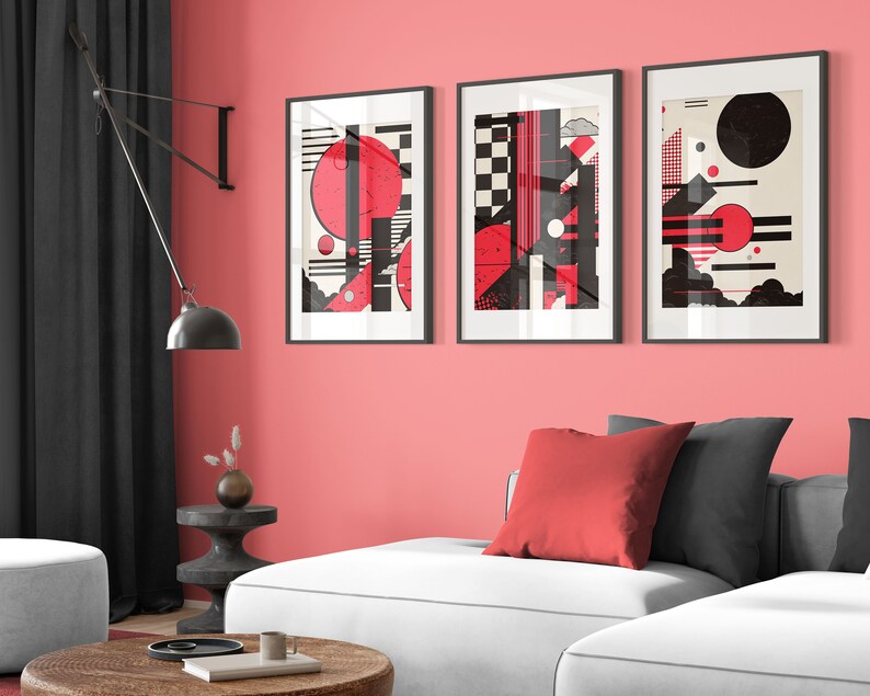 Set of 3 Modern Abstract Prints, Cool Geometric Contemporary Art, Red