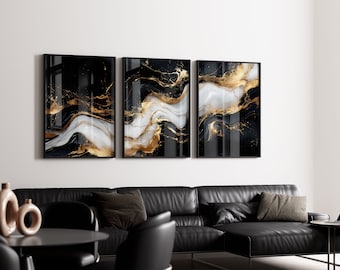 Set of 3 Abstract Marble Prints. Black & Gold Luxury Wall Art, Cool Modern Abstract Fluid, Contemporary Decor, Minimalist Glamour Print