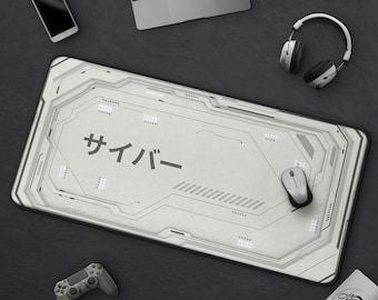 White Cyber Gaming Mousepad, Cyberpunk Desk Mat, Futuristic Sci-Fi Design, Large Extended Mat, Cool Minimalist Tech, Kanji For "Cyber"